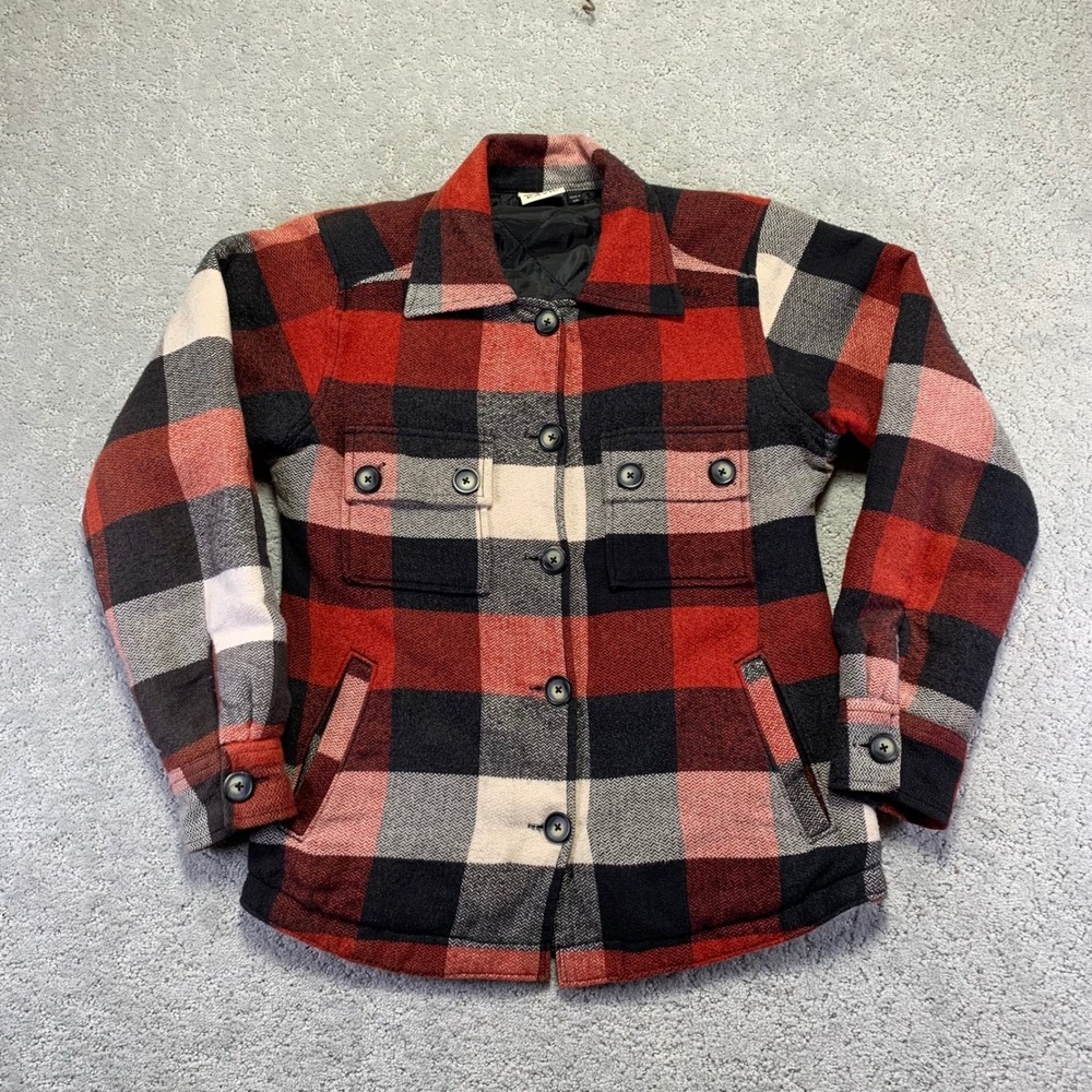 KAVU‎ Womens Plaid Flannel Shirt Jacket XS Red Black Cream Shacket Quilt Lined